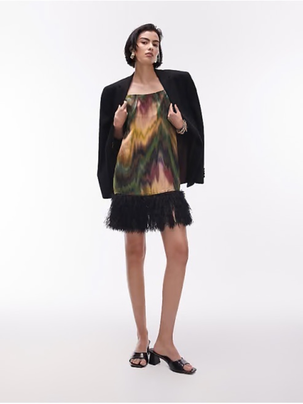 Topshop printed mini slip dress with faux feather trim detail